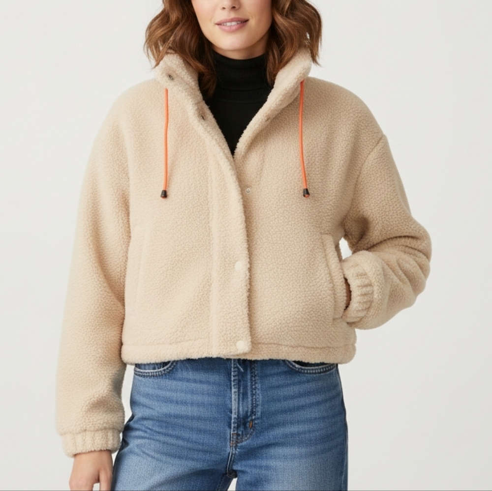 BP Women's Sherpa Jacket Small Cream Beige Oversized Cropped SOFT Coat Shacket